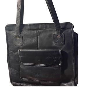 FRYE Leather Satchel Shoulder Bag Handbag Black Tote Handles Zip Snap Y2K Retro